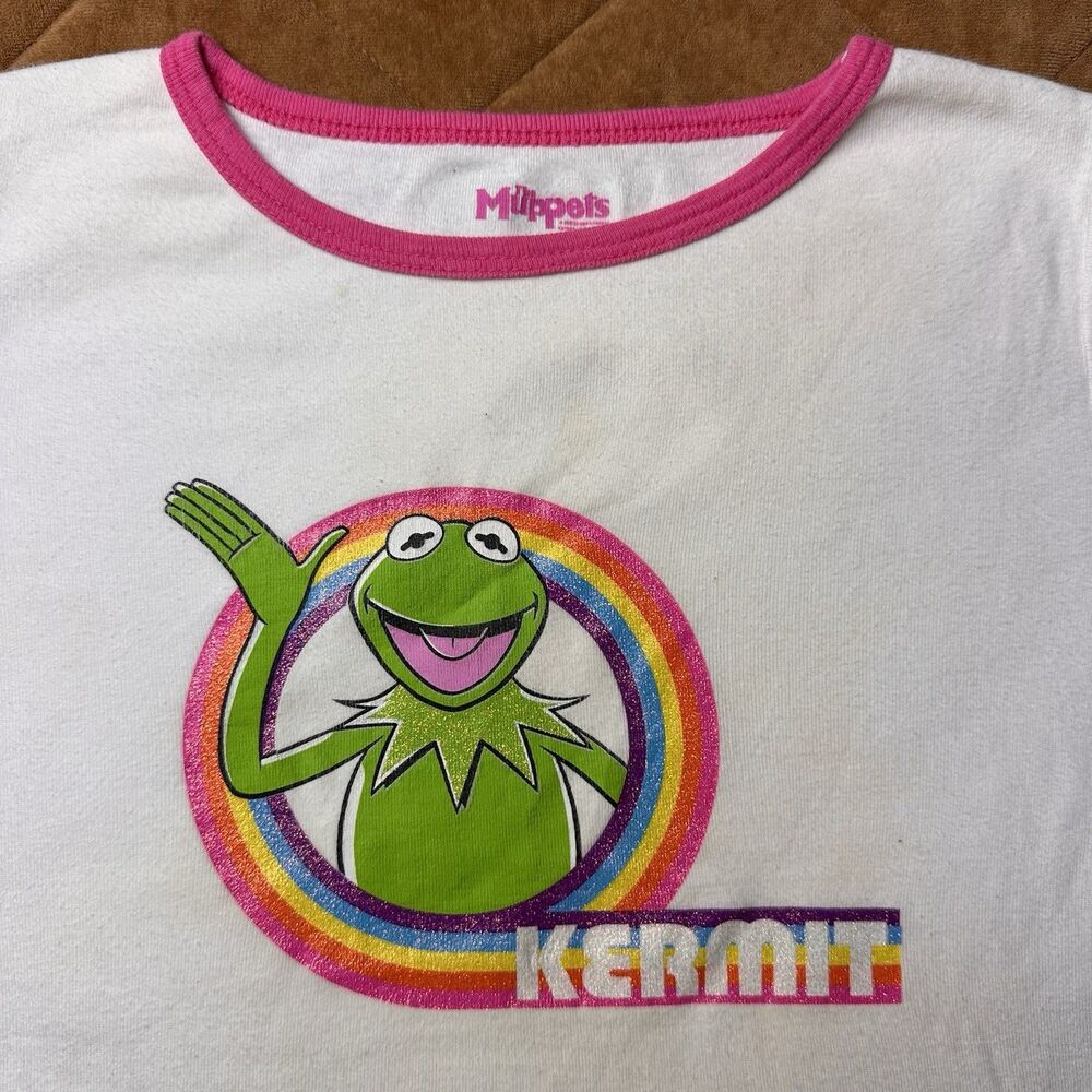 Vintage Y2K Kermit Shirt The Muppets Rainbow Glitter Ringer Girls Large 10/12